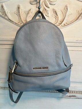 Michael Kors Rhea Light Blue Pebbled Leather Backpack with Gold Hardware